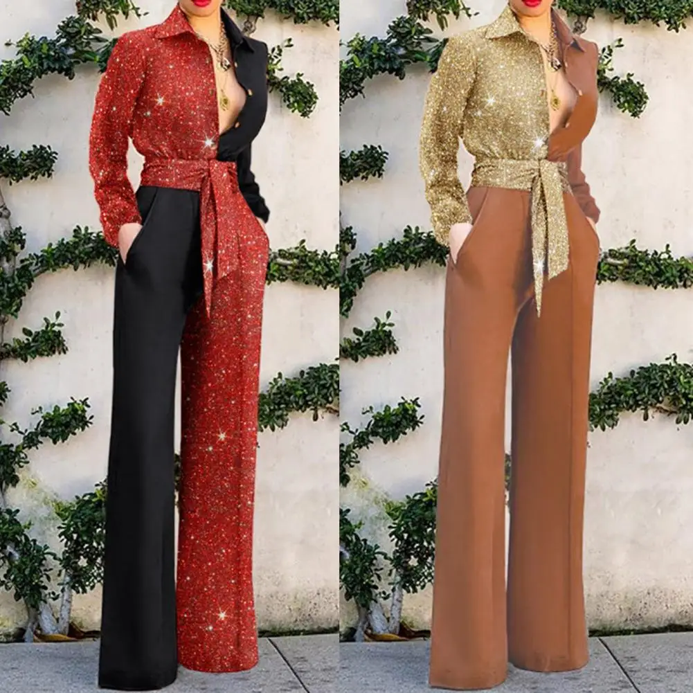 Flower Decor Net Yarn Sleeve Women Jumpsuit Turn-Down Collar Patchwork Color Belt Pockets Color Lady Jumpsuit
Flower Decor Net Yarn Sleeve Women Jumpsuit Turn-Down Collar Patchwork Color Belt Pockets Color Lady Jumpsuit