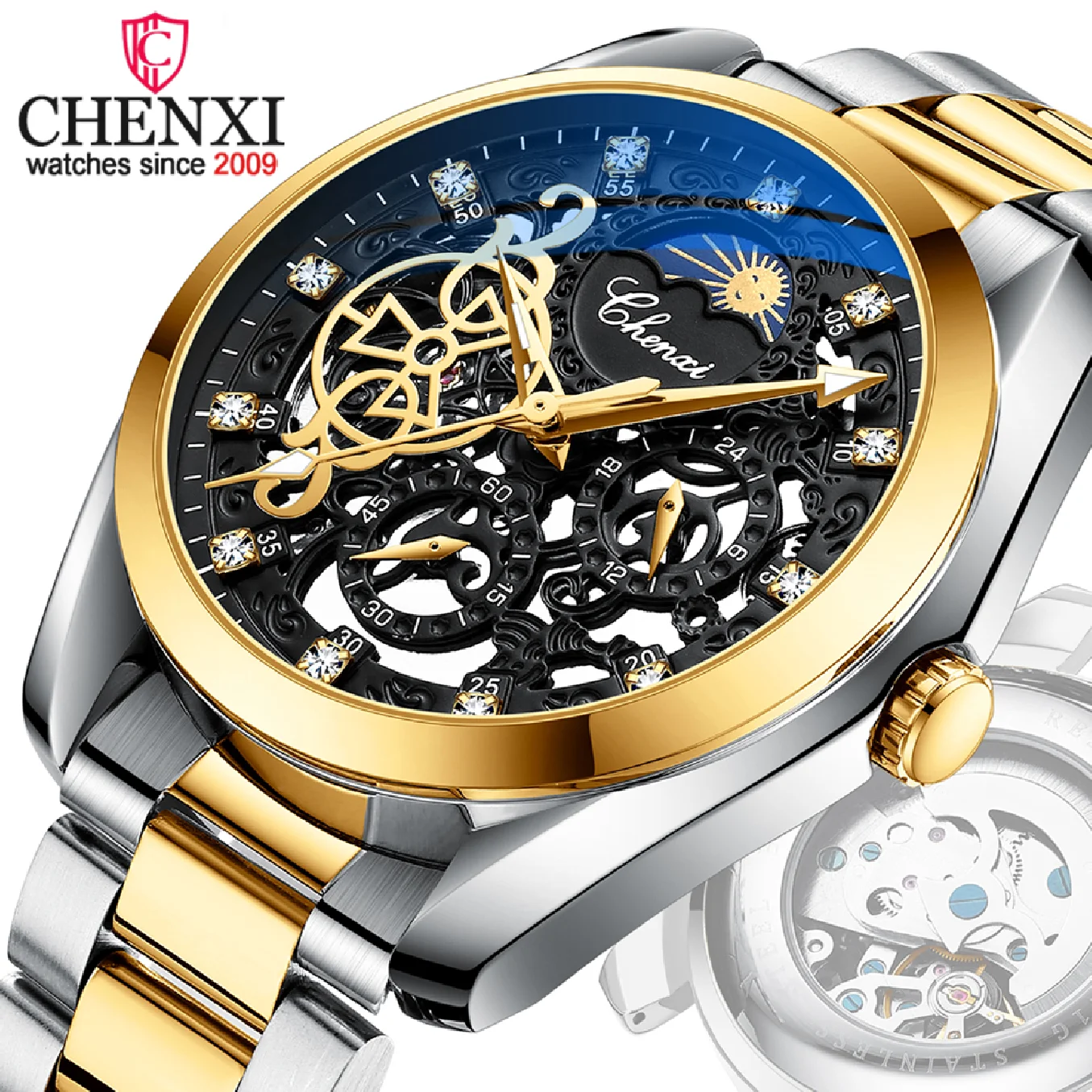 CHENXI Brand Classic Mens Watches Top Luxury Moon Phase Automatic Mechanical Watch For Men Stainless Steel Waterproof Wristwatch
CHENXI Brand Classic Mens Watches Top Luxury Moon Phase Automatic Mechanical Watch For Men Stainless Steel Waterproof Wristwatch