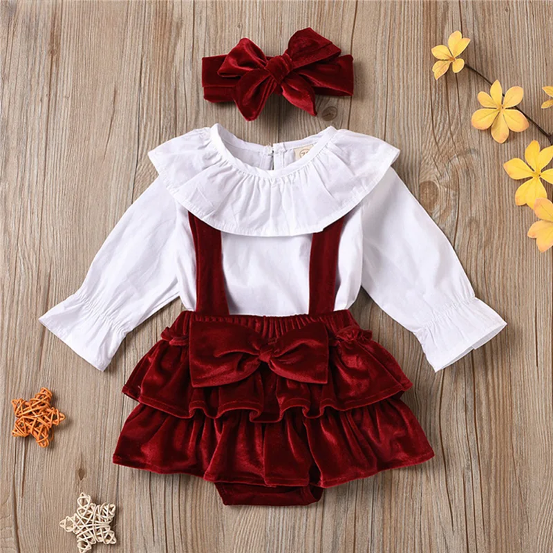 3Pcs/Set Spring Autumn Infant Baby Girl Clothes Ruffle Collar Long Sleeve Top+Red Velvet Suspender Skirt+Headband 0-24M 
3Pcs/Set Spring Autumn Infant Baby Girl Clothes Ruffle Collar Long Sleeve Top+Red Velvet Suspender Skirt+Headband 0-24M