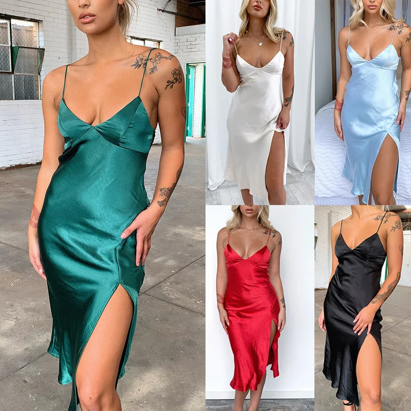 Solid Color Spaghetti Strap Satin Dress Summer Female Backless Sleeveless Low-Cut Dress Satin Deep V Neck Sexy Dress Casual
Solid Color Spaghetti Strap Satin Dress Summer Female Backless Sleeveless Low-Cut Dress Satin Deep V Neck Sexy Dress Casual
