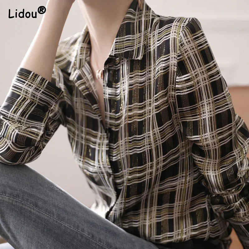Polo-Neck Blended Bright Silk Thin Women's Clothing Vintage Plaid Slim Single Breasted Multi-element Women Shirt Spring Summer
Polo-Neck Blended Bright Silk Thin Women's Clothing Vintage Plaid Slim Single Breasted Multi-element Women Shirt Spring Summer