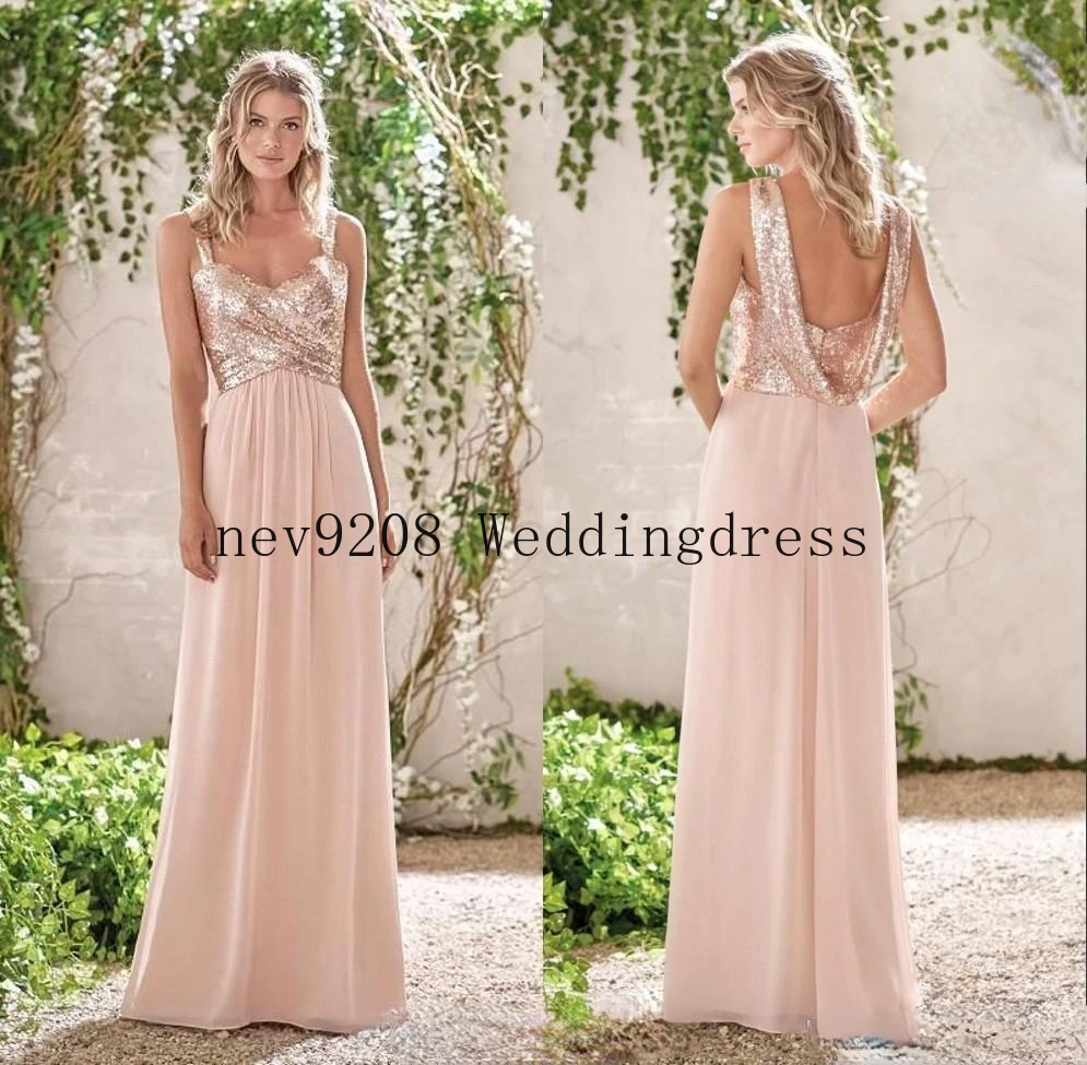 

Rose Gold Bridesmaid Dresses A Line Spaghetti Backless Sequins Chiffon Cheap Long Beach Wedding Guest Bridesmaids Dress