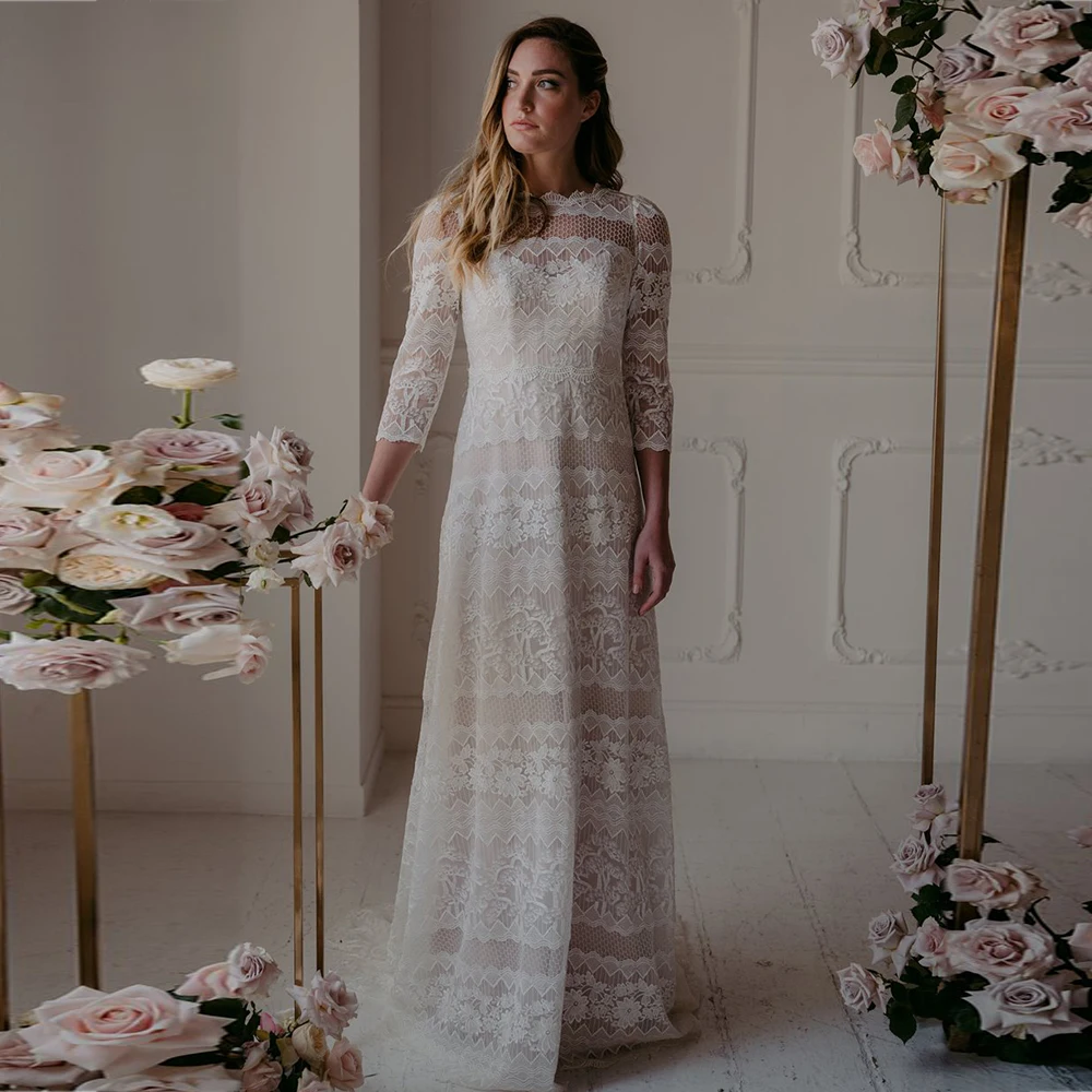 Exquisite Vintage Wedding Dresses O-Neck Three Quarter Sleeves Lace Dress Beach Appliques Cut Out Bridal Gowns Vestidos de Novia
Exquisite Vintage Wedding Dresses O-Neck Three Quarter Sleeves Lace Dress Beach Appliques Cut Out Bridal Gowns Vestidos de Novia