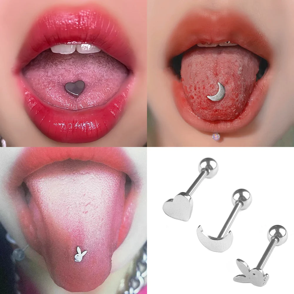 

1PC Titanium Steel Piercing Tongue Ring Heart Moon Bunny Tongue Stud Barbell Spiral Beads Lip Studs Earrings Sexy Body Jewellery