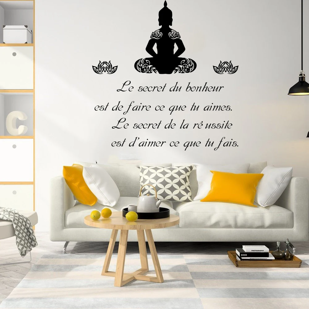 

French Buddha Quote Lotus Wall Sticker The Secret of Happiness Sucsess Is What You Love Wall Decal Bedroom Living Room Vinyl