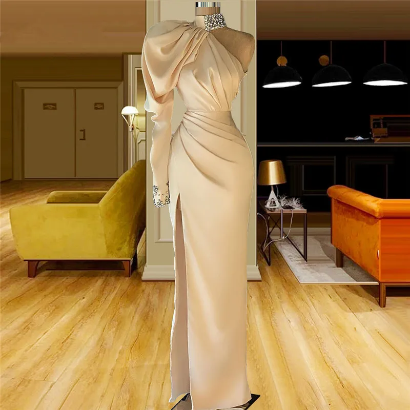 One Shoulder Champagne Evening Dresses Long High Neck Mermaid Formal Dubai Kaftans Crystals Plus Size Prom Party Gowns Robe
One Shoulder Champagne Evening Dresses Long High Neck Mermaid Formal Dubai Kaftans Crystals Plus Size Prom Party Gowns Robe