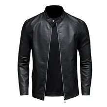 New Men Leather Jacket Classic Slim Fit Motorcycle PU Leather Jacket Solid Color Standing Collar Men Large Black Leather Jacket