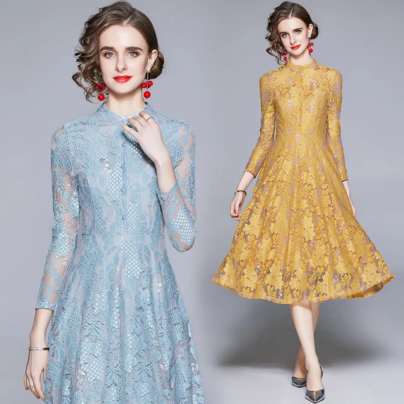 Women's Spring New High-end Temperament Round Neck 9/4 Sleeve Fashion Slim Fit Button Lace Large Swing Mid-length Dress
Women's Spring New High-end Temperament Round Neck 9/4 Sleeve Fashion Slim Fit Button Lace Large Swing Mid-length Dress