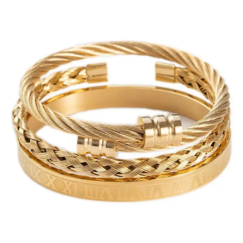 

New Fashion Gold Plated Stainless Steel Charm Cuff Bangles Punk Round Braided Sporty Men Male Bracelets Pulsera