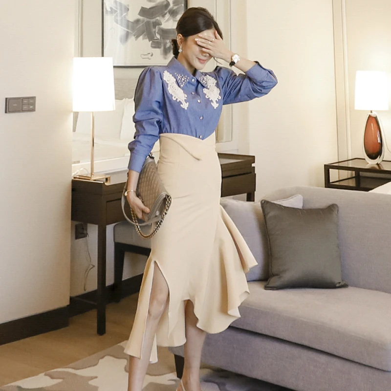 2023 Spring Summer Fashion Sweet Two Piece Set Women Korean Denim Beaded Shirt Top + Ruffle Mermaid Skirt Suits
2023 Spring Summer Fashion Sweet Two Piece Set Women Korean Denim Beaded Shirt Top + Ruffle Mermaid Skirt Suits