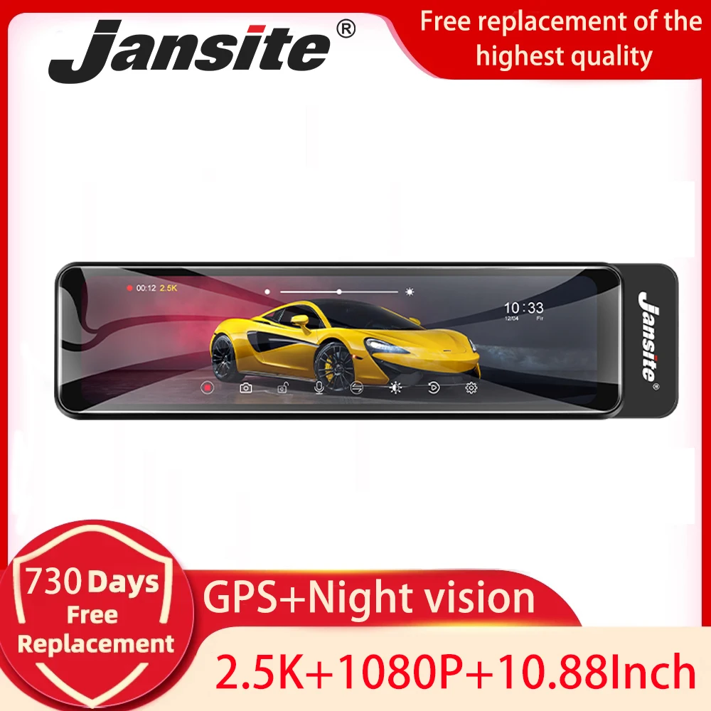 

Jansite 10" Ultra HD 2.5K Car DVR Touch Screen Video Recorder Dual Lens Rearview Mirror Dash Cam 1080P Front and Rear Camera GPS