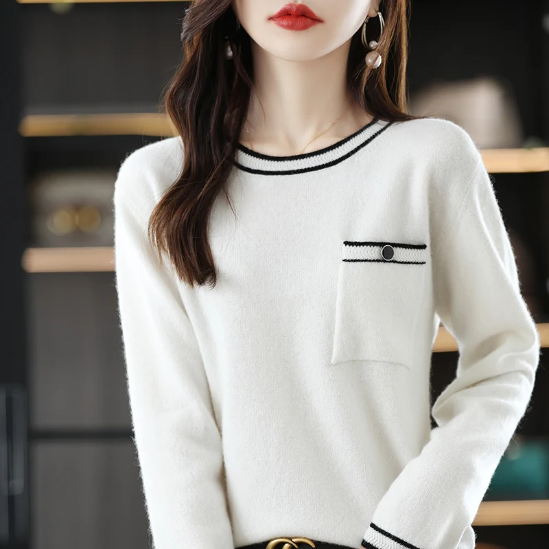 Autumn / winter cashmere sweater women's round neck color blocking pullover casual knitted thin bottoming shirt 100% pure wool
Autumn / winter cashmere sweater women's round neck color blocking pullover casual knitted thin bottoming shirt 100% pure wool