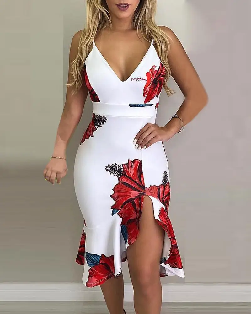 2020 New Fashion Elegant Slim Bodycon Sexy Party Beach Dress Sleeveless Dress Spaghetti Strap Floral Print Slit Ruffles Dress
2020 New Fashion Elegant Slim Bodycon Sexy Party Beach Dress Sleeveless Dress Spaghetti Strap Floral Print Slit Ruffles Dress