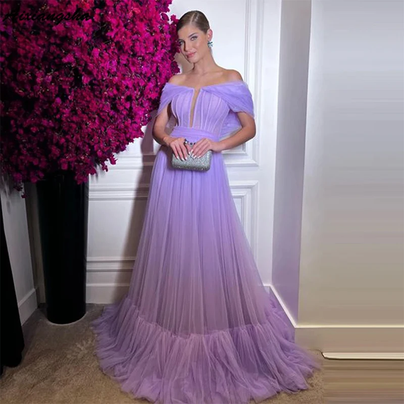 Элегантное платье Aixiangsha с открытыми плечами для выпускного вечера, ТРАПЕЦИЕВИДНОЕ вечернее платье из лавандового тюля с рюшами, женское платье на выпускной
Элегантное платье Aixiangsha с открытыми плечами для выпускного вечера, ТРАПЕЦИЕВИДНОЕ вечернее платье из лавандового тюля с рюшами, женское платье на выпускной