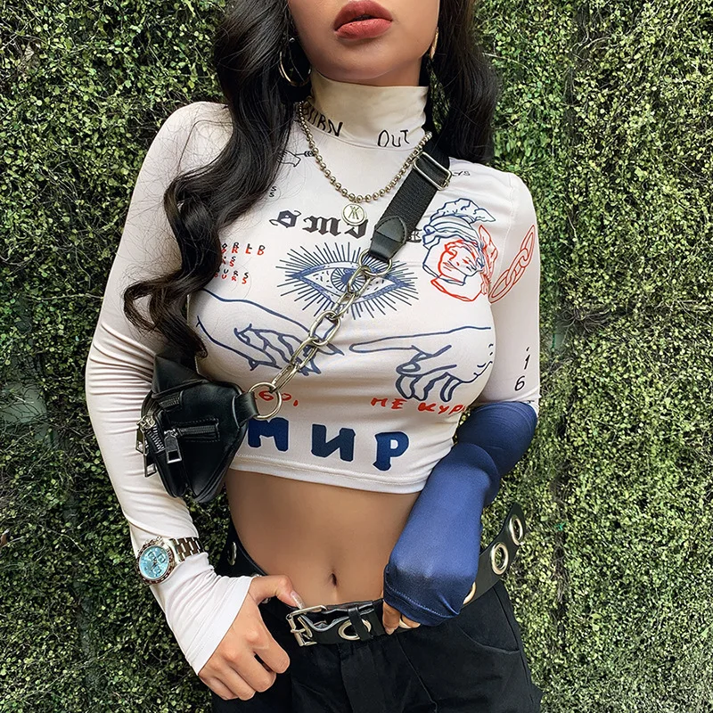 Tellshun Fashion T-shirt Summer New Women's Half Turtleneck Print Crop Top T-shirt Women Street Long Sleeve Pullover Slim Tshirt
Tellshun Fashion T-shirt Summer New Women's Half Turtleneck Print Crop Top T-shirt Women Street Long Sleeve Pullover Slim Tshirt
