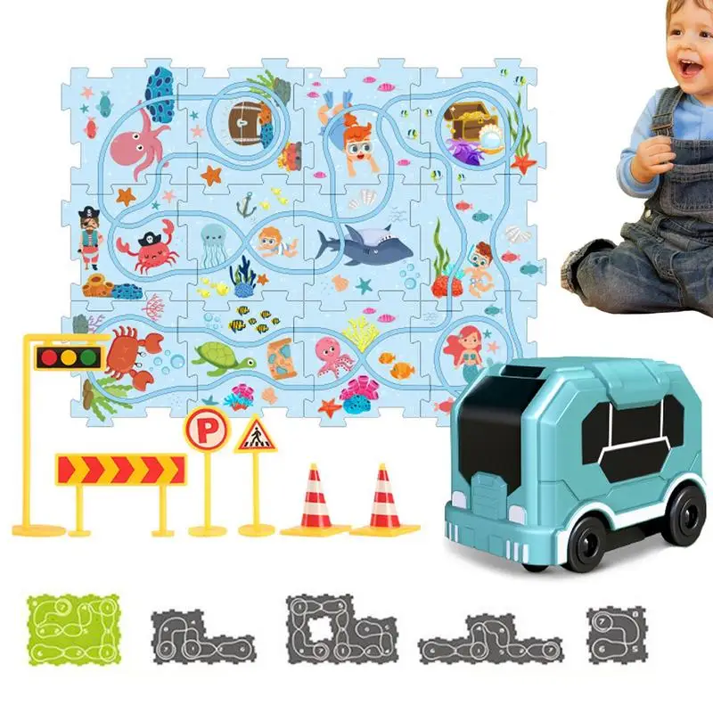 

Track Car Play Set Children DIY Assembling Rail Car Play Set Battery Powered Track Toys For Home Kindergarten Nursery Cartoon Pu