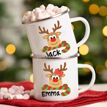 Personlized Deer Christmas Enamel Cups Custom Name Hot Cocoa Chocolate Sibling Mug Drink Jiuce Handle Mugs Xmas Gifts for Child