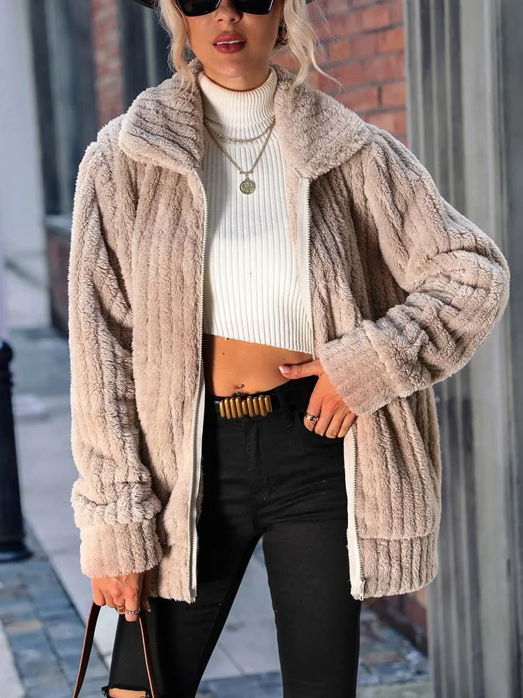 

Autumn Winter Faux Fur Coat Women Thick Warm Teddy Coat Jacket Women Ribbed Zipper Plush Coats Female 2023