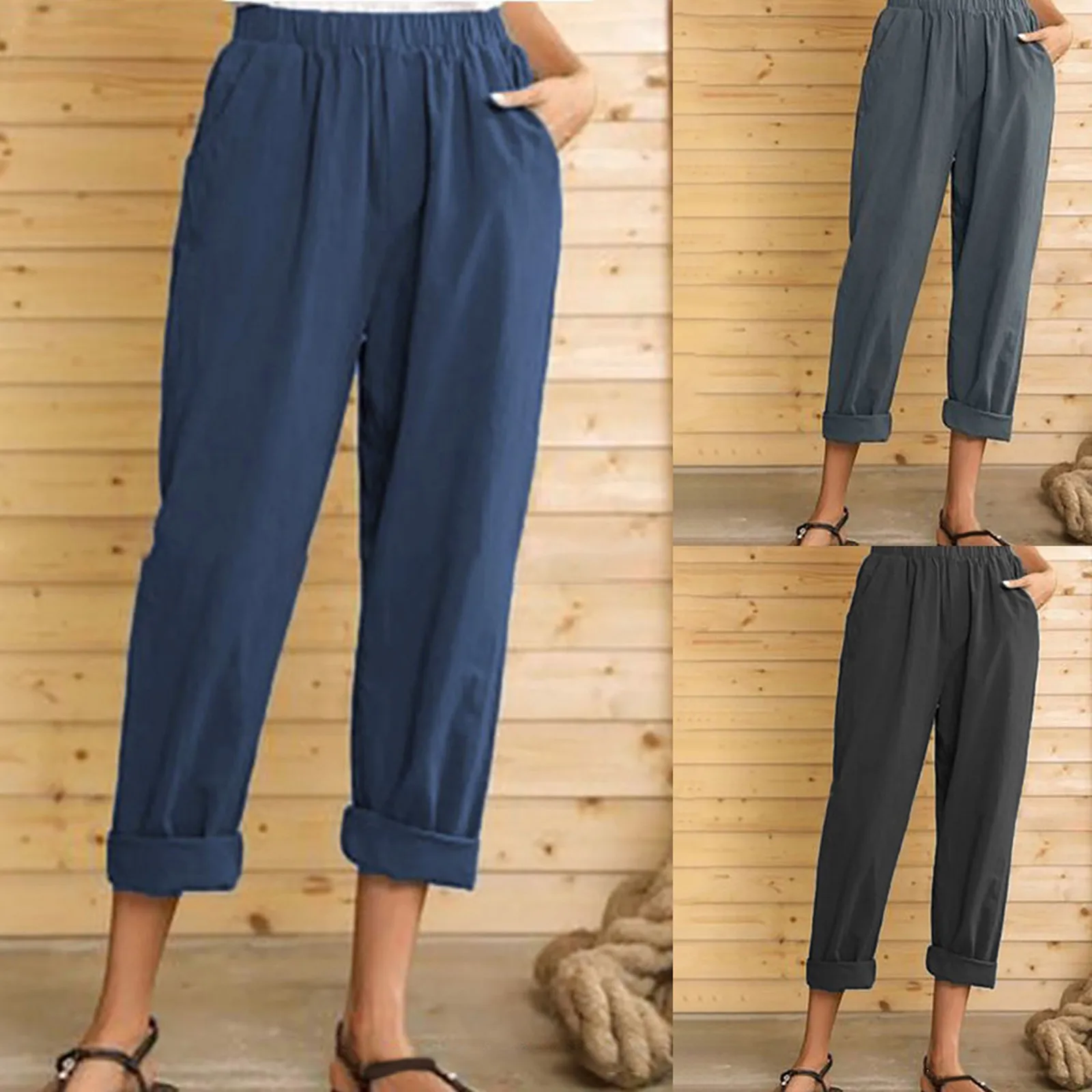 

Летние женские брюки до щиколотки с поясом, эластичные цветные карманы, повседневные брюки, женские брюки-карго