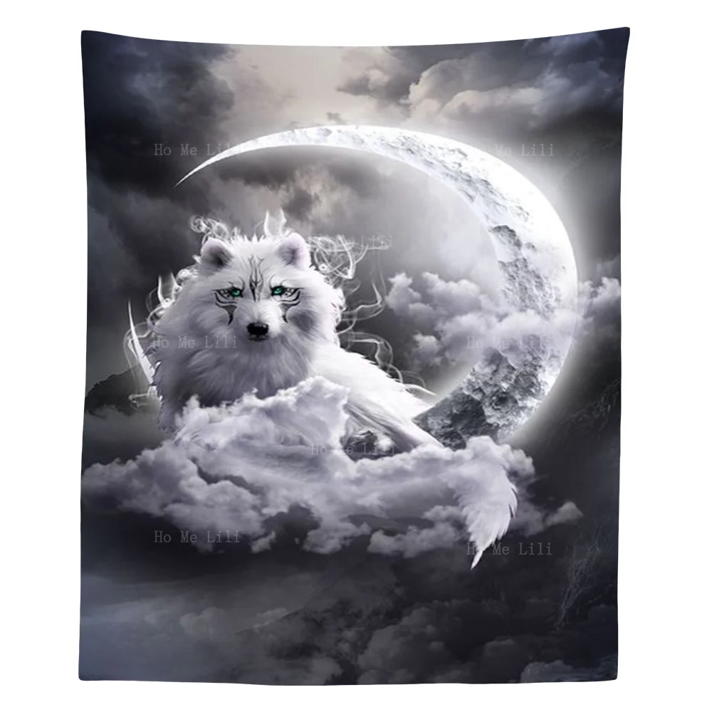 

An Ethereal White Wolf Lies On The Moon And Gazes At Man Tapestry By Ho Me Lili For Livingroom Decor