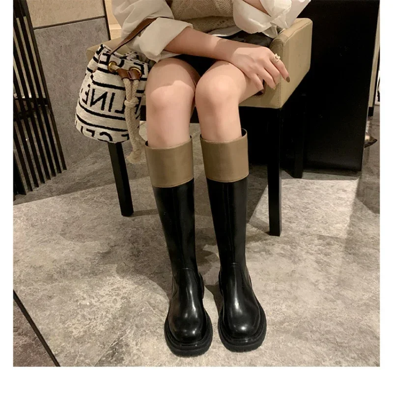 

Color Matching Round-headed Thick-soled Thick-heeled Leather Mid-length Boots Are Thin Knight Boots Women Autumn and Winter