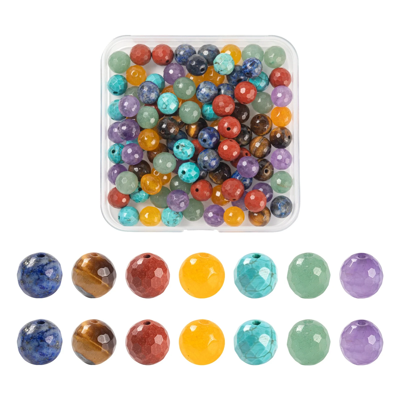 

100Pcs 7 Style Natural Mixed Stone Beads Faceted Round Loose Beads for Jewelry Making 8~9mm, Hole: 1mm