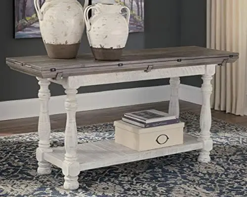 Farmhouse Sofa Table, Flip Top Design for Additional Dining Space and Fixed Lower Shelf, Gray & White with Weathered Finish
Farmhouse Sofa Table, Flip Top Design for Additional Dining Space and Fixed Lower Shelf, Gray & White with Weathered Finish