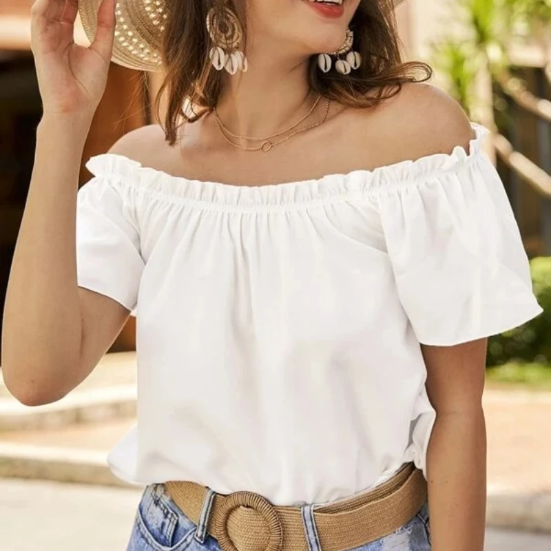 Off Shoulder Ruffles Shirts Women Short Sleeve Top Beachwear Korean Fashion Casual Holiday Black T-shirts Summer Female Clothes
Off Shoulder Ruffles Shirts Women Short Sleeve Top Beachwear Korean Fashion Casual Holiday Black T-shirts Summer Female Clothes