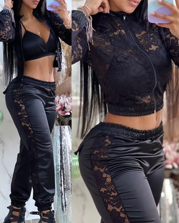

V-Neck Crop Top & Shirred Crochet Lace Pants Set with Fashion Women's Clothes Casual Pants Sets Daily Suit Set Night Out Tooling