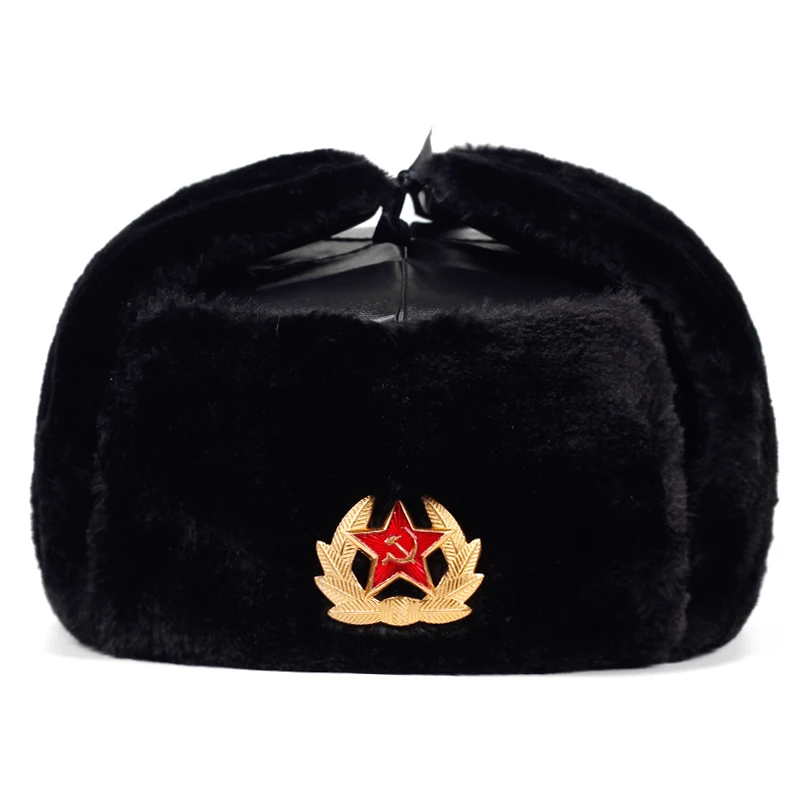 

Soviet Military Badge Russia Ushanka Bomber Hats Pilot Trapper trooper Hat Winter Faux Rabbit Fur Earflap Men Snow Caps