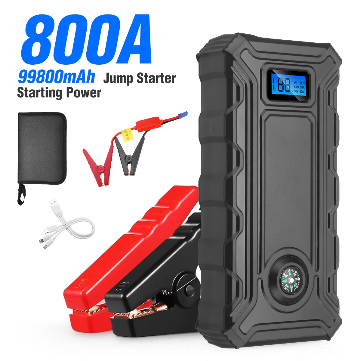 99900mAh 12V Car Jump Starter 800A Peak Portable Battery Charger Power Bank LED Flashlight Dual USB Compass Emergency Vehicle Bo
99900mAh 12V Car Jump Starter 800A Peak Portable Battery Charger Power Bank LED Flashlight Dual USB Compass Emergency Vehicle Bo
