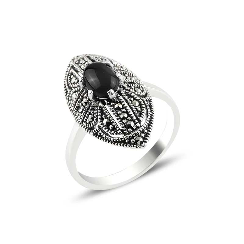 Silver 925 Sterling Onyx & Marcasite Ring
