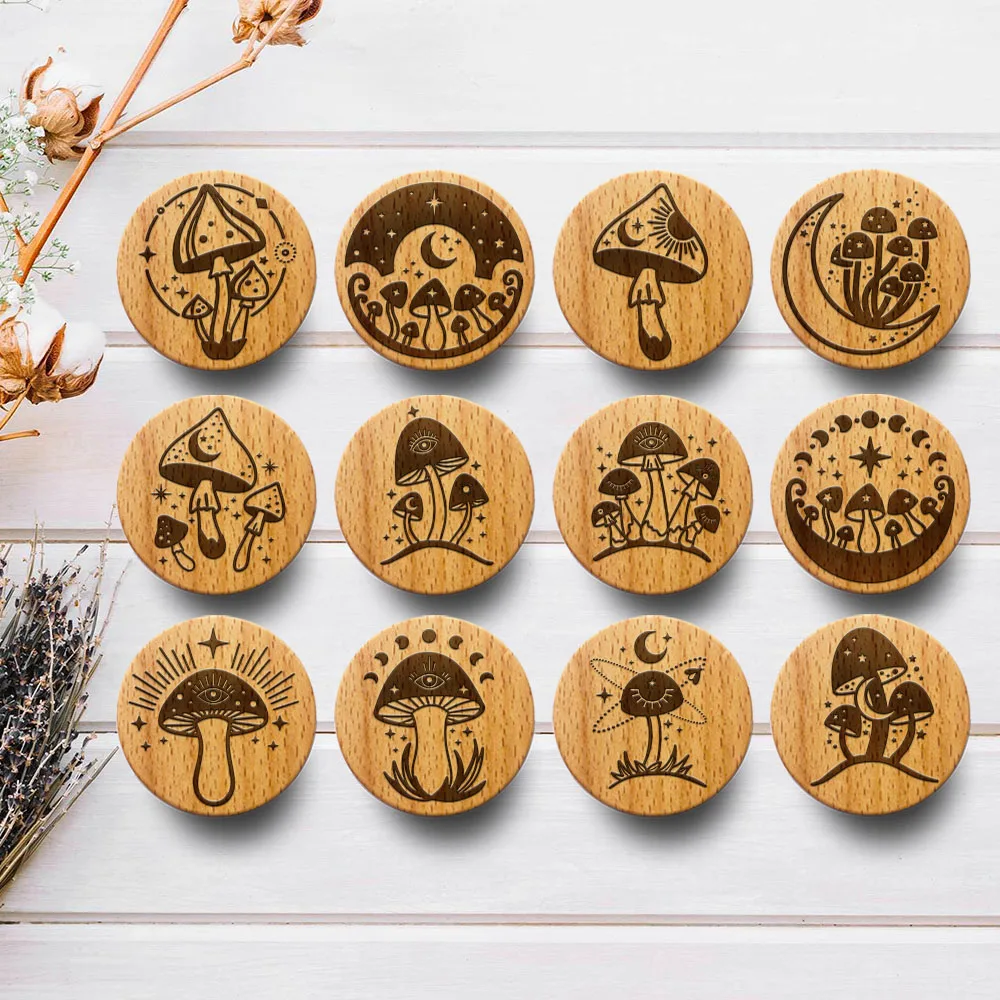 

Engraved Magic Mushrooms Wooden Drawer Knob Boho Nursery Cabinet Pulls Nature Wood Coat Hook Children's Room Furniture Handles