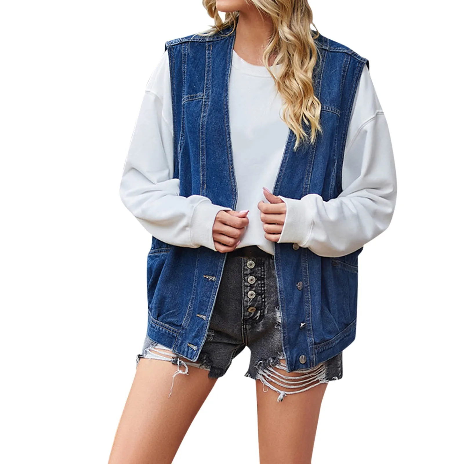 Женский Повседневный однобортный джинсовый жилет с карманами, Свободное пальто, куртка для хобби
Женский Повседневный однобортный джинсовый жилет с карманами, Свободное пальто, куртка для хобби