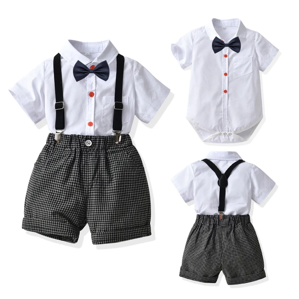 

2023 Summer Baby Romper Bodysuit For Kids Newborns Infants Clothes Gentleman Shorts Sets Plaid Pants Cotton Overalls Clothing