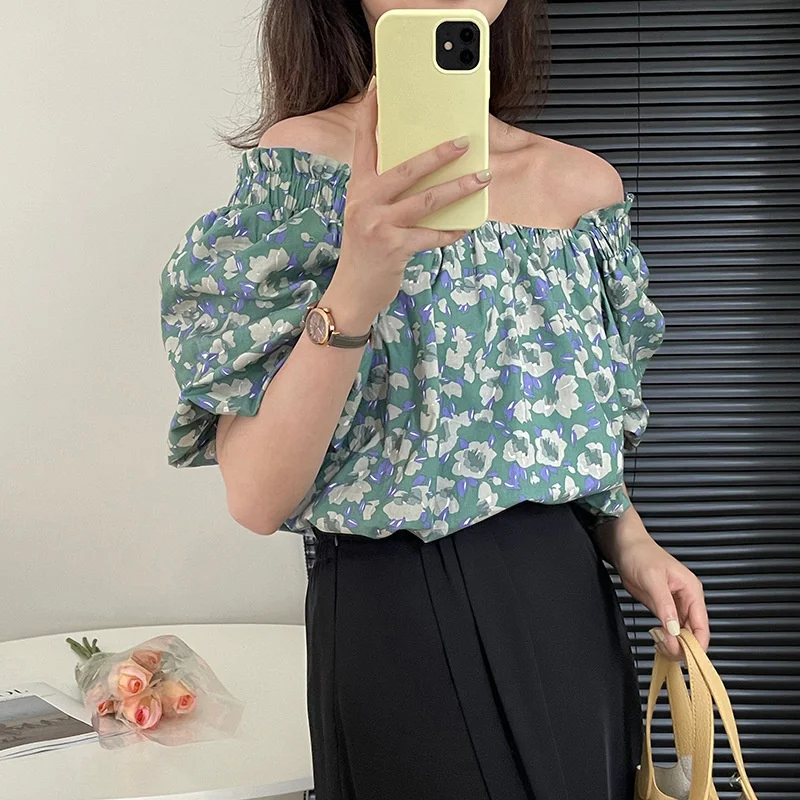 Slash Neck Floral Blouse Blue Off Shoulder Square Collar Short Sleeve Women Shirt
Slash Neck Floral Blouse Blue Off Shoulder Square Collar Short Sleeve Women Shirt