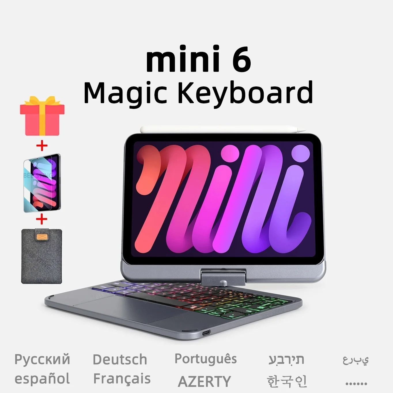 

.. Волшебный чехол с клавиатурой для ipad Mini 6 2021 Магнитный чехол корейский Арабский Русский для Apple mini6 6-й чехол с клавиатурой с подсветкой
