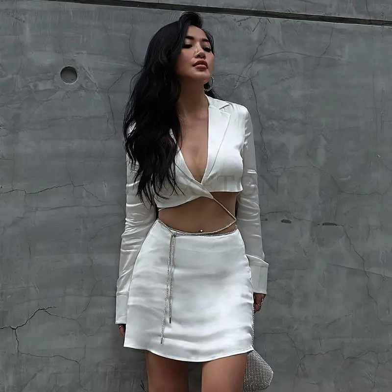 Fall Winter White Satin High Waist Lace Up Crop Top And Short Skirt Suits Women Long Sleeved Cardigan Bandage Two Piece Set
Fall Winter White Satin High Waist Lace Up Crop Top And Short Skirt Suits Women Long Sleeved Cardigan Bandage Two Piece Set