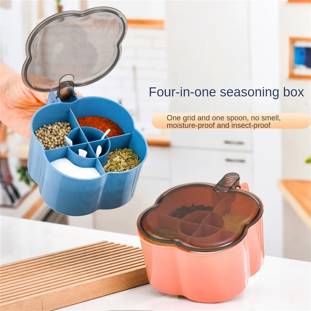 

4 in 1 Seasoning Box with Spoon Spice Jar Multi Compartment Salt Pepper Spice Jars Pots Kitchen Accessories Condiment Container