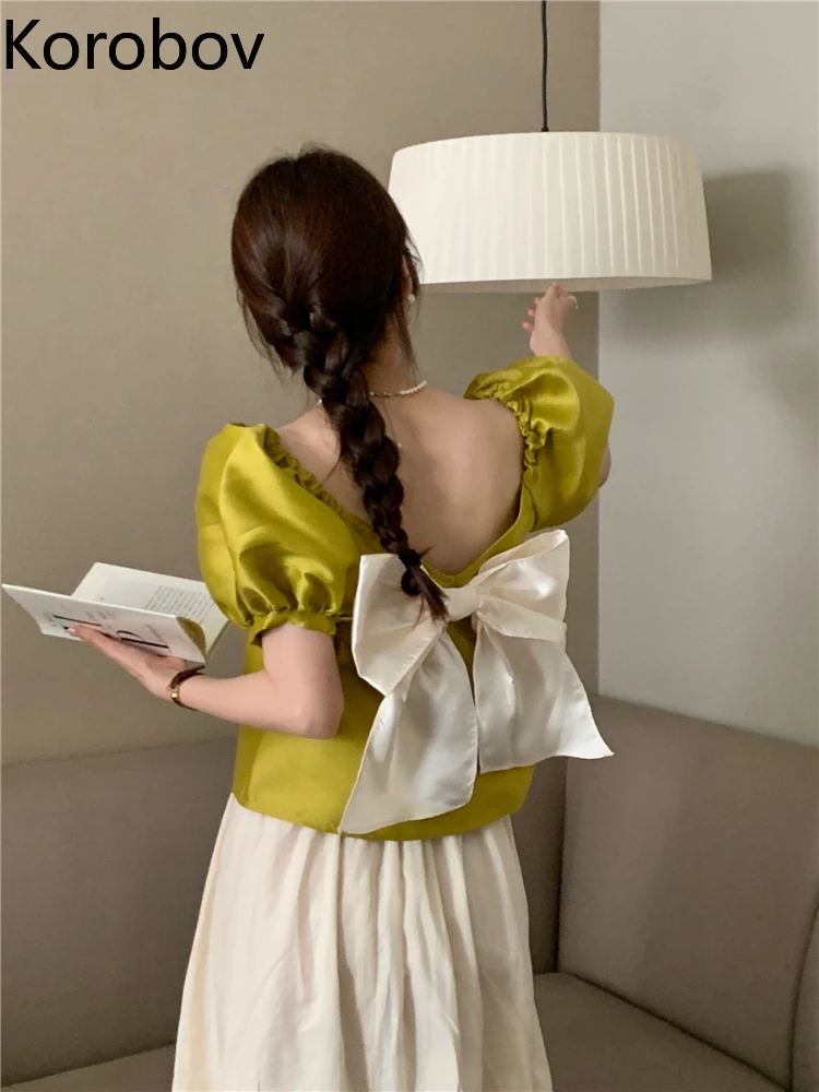 Korobov Summer Princess Camisetas French Puff Sleeves Wear Before and After Contrasting Colors Crop Top Bow Tie Loose Doll Shirt
Korobov Summer Princess Camisetas French Puff Sleeves Wear Before and After Contrasting Colors Crop Top Bow Tie Loose Doll Shirt