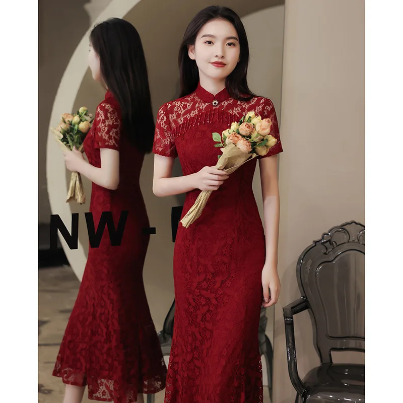 Wine Red Bride Lace Cheongsam Summer Oriental Women Qipao Chinese Style Elegant Mermaid Dress Luxury Robe Party Fringed Dress
Wine Red Bride Lace Cheongsam Summer Oriental Women Qipao Chinese Style Elegant Mermaid Dress Luxury Robe Party Fringed Dress