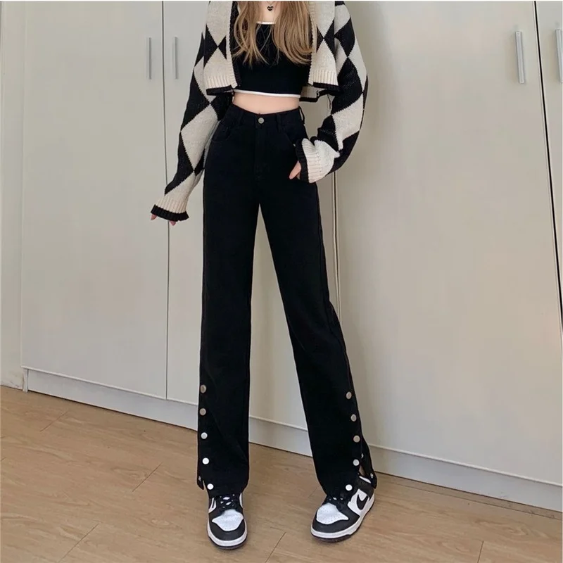 High Waist Black Jeans Women 2022 Split Button Straight Y2k Pants Denim Jeans Punk Rock Streetwear
High Waist Black Jeans Women 2022 Split Button Straight Y2k Pants Denim Jeans Punk Rock Streetwear