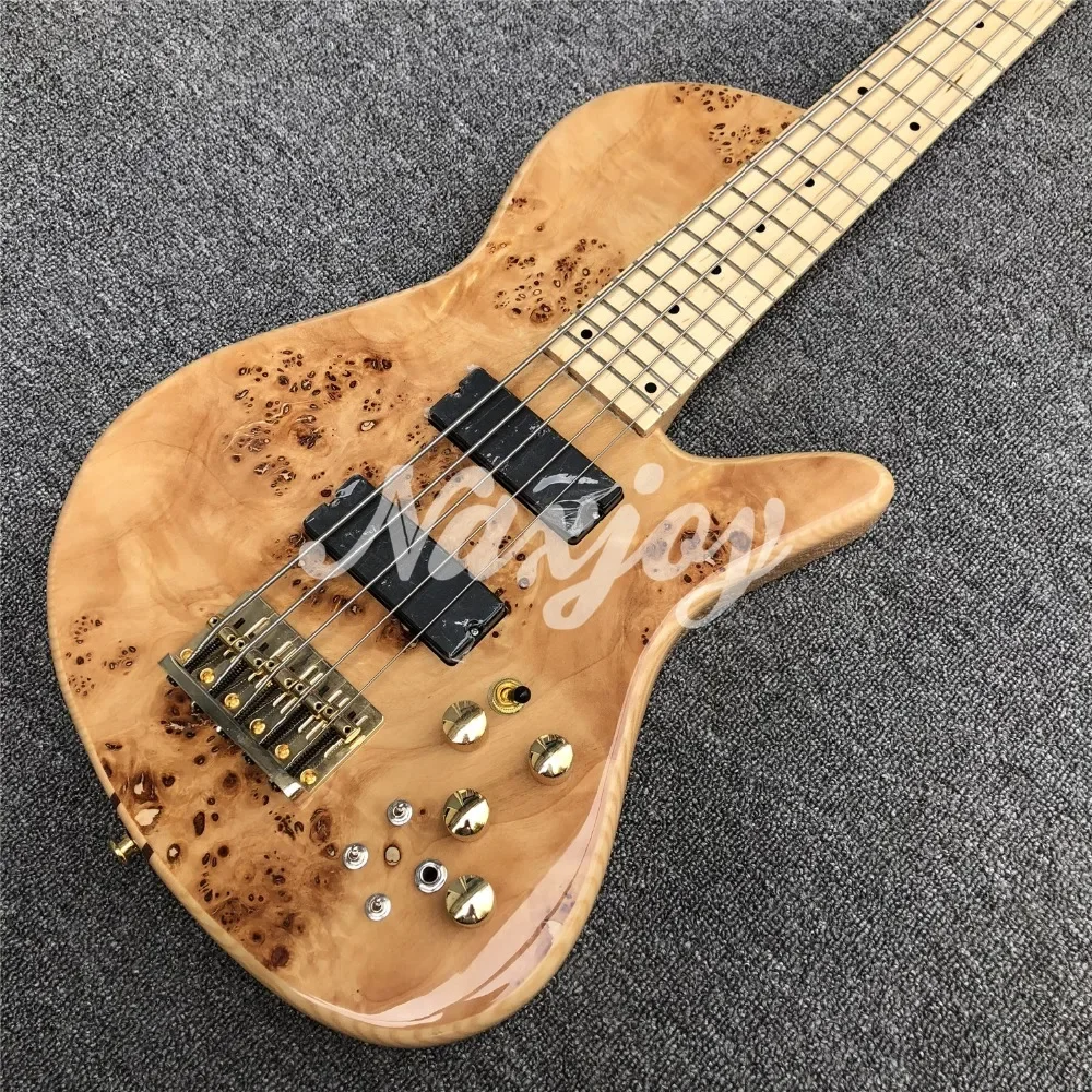 

Neck Through Body Foder 5 Strings Natural Ash Burl Spalted Maple Top Electric Bass Guitar Abalone Butterfly Gold Hardware
