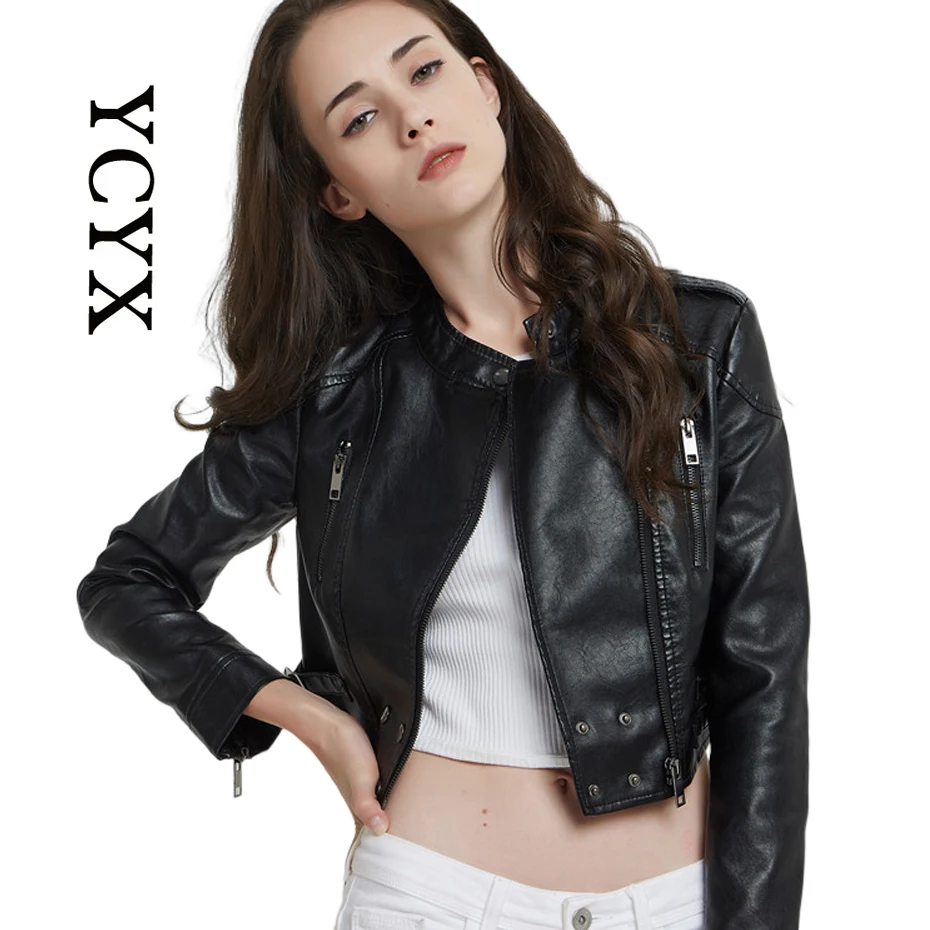 

YCYX Women PU Leather Jackets Stand Collar Overcoats chaqueta Zipper Biker Top Slim Moto Mujer Black Abrigo De Cuero Streetwear