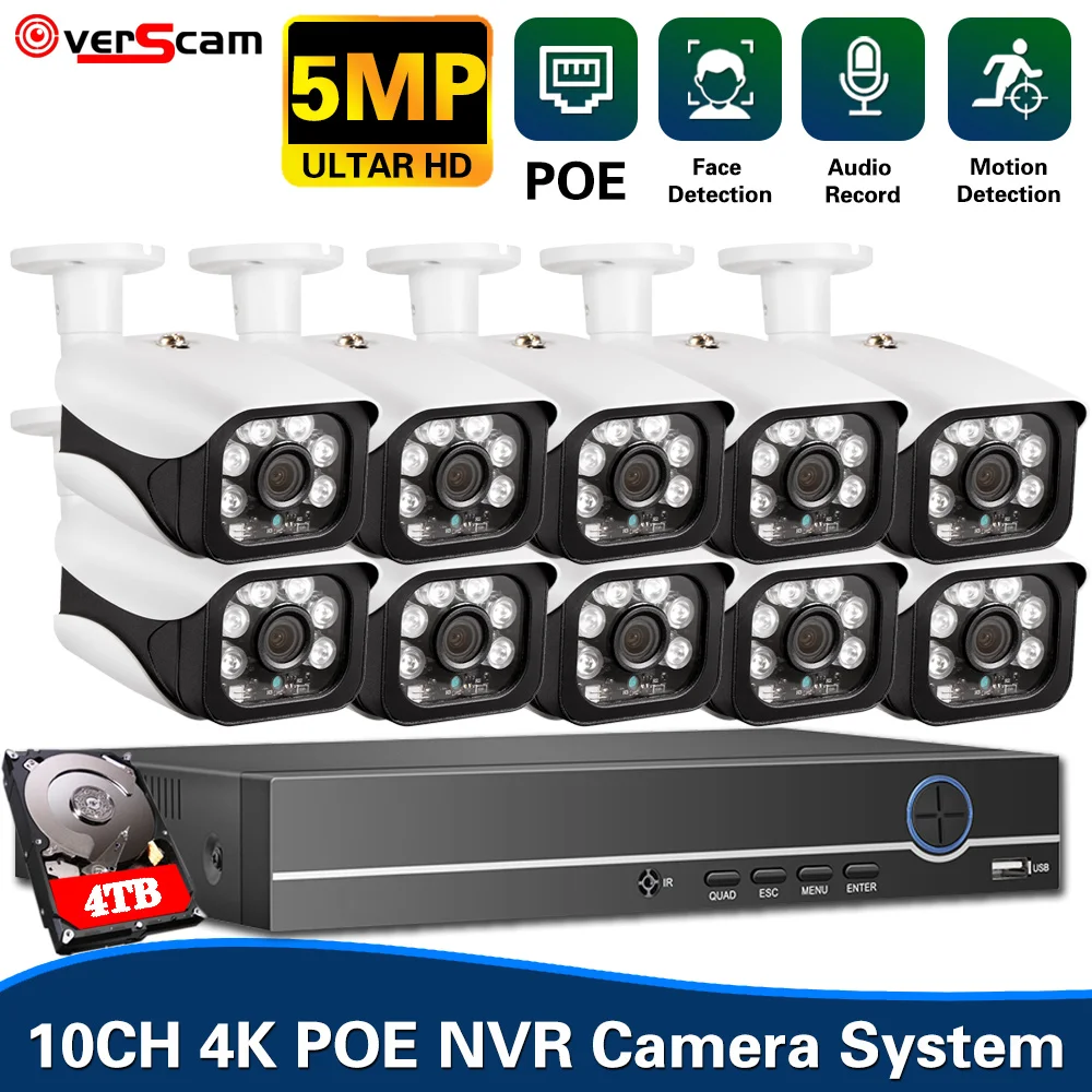 

H.265 10CH 4K POE Security Surveillance Camera System Kit 5MP 2MP AI Face Detection Audio Record IP Camera CCTV Video NVR Set