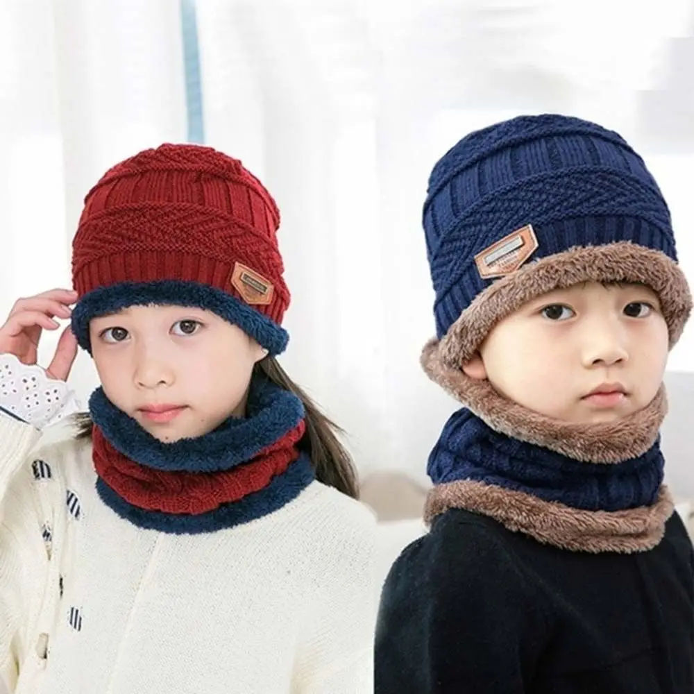 

Outdoor Sports Fleece Lined Circle Scarf Neck Warmer Winter Knit Hats Boy Beanie Hat Kids Cap Scarf Set Hedging Hat Scarf Set