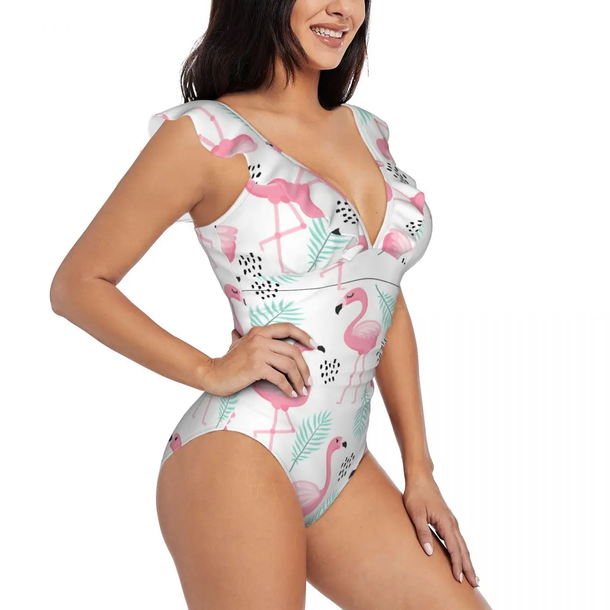 

Sexy One Piece Swimsuit 2023 Women Tropical Pink Flamingo Ruffled Swimwear Monokini Female Bodysuit Girl Beach Bathing Suit