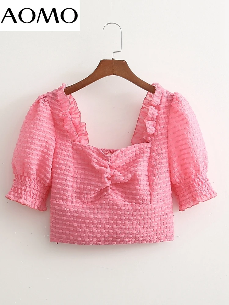 AOMO Women Retro Pink Pleated Ruffles Crop Shirt Puff Short Sleeve 2022 Chic Female Shirt Tops 1D412A 
AOMO Women Retro Pink Pleated Ruffles Crop Shirt Puff Short Sleeve 2022 Chic Female Shirt Tops 1D412A