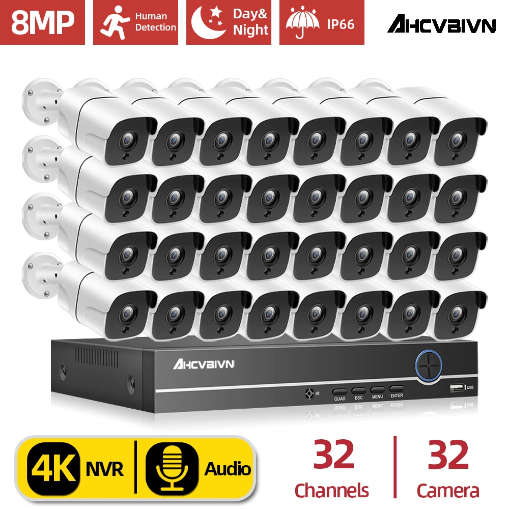 

16CH 24CH 32CH 8MP Bullet POE IP Camera NVR Kit Outdoor CCTV Surveillance Built in Mic Day Night Vision Plug&Play Xmeye System