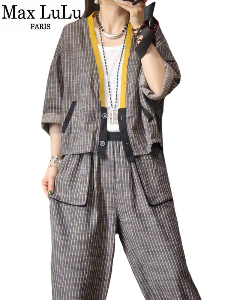 

Max LuLu Autumn Linen Clothing 2022 British Jacket Suits Striped Casual Two Pieces Sets Women Loose Tops And Elastic Harem Pants